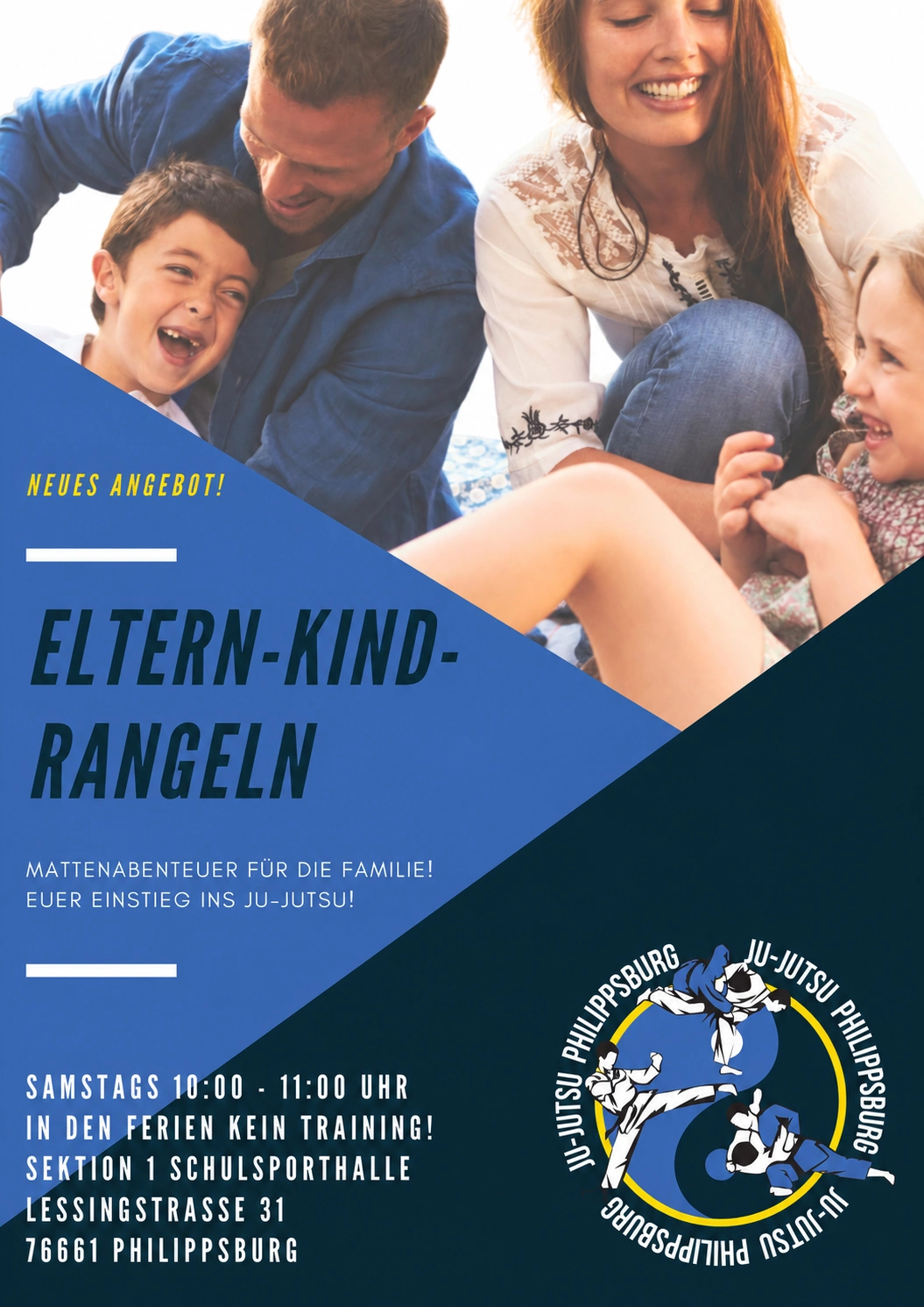 Eltern-Kind-Rangeln: Mattenabenteuer für die Familie. Samstags 10–11 Uhr, Sektion 1, in den Ferien kein Training.